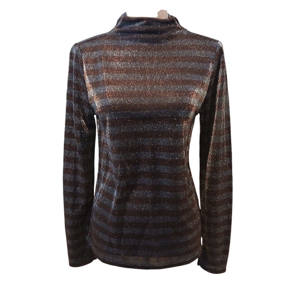 Nine West Silver Bronze Metallic Striped Mock Neck Small Womans Glam Mesh Alt